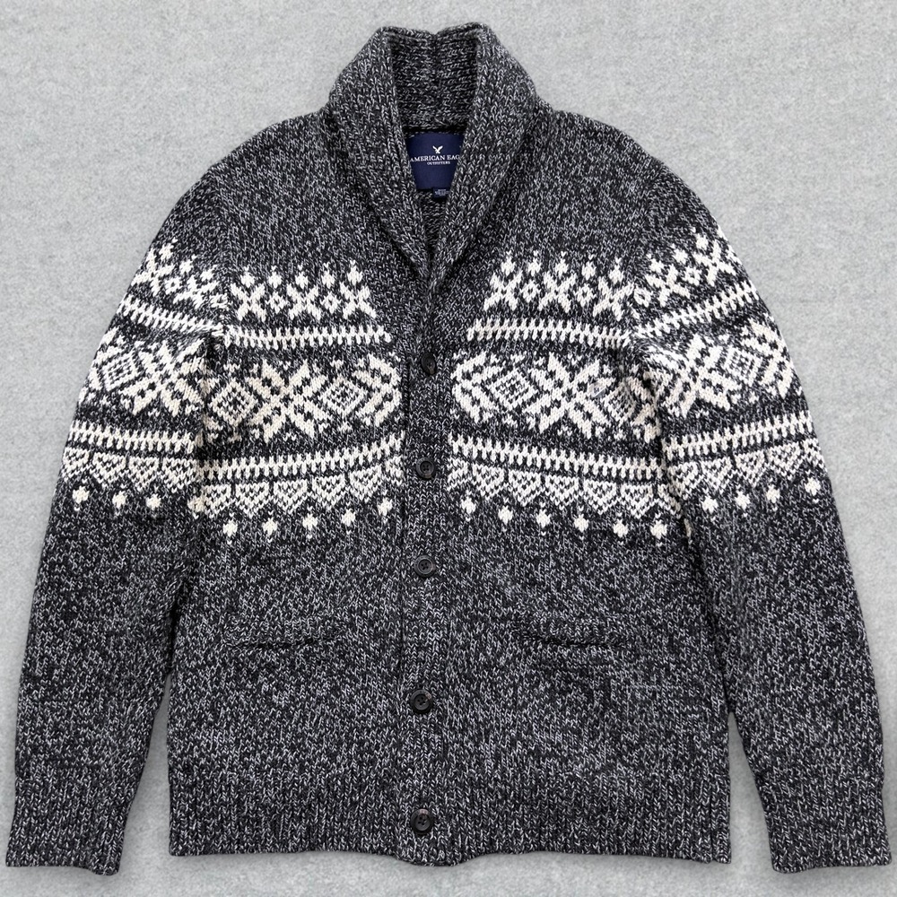 American Eagle Cardigan Sweater Men's M Gray Fair Isle Shawl Collar *SEE NOTE*